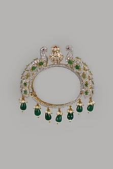 Gold Finish Peacock Motif & Green Beaded Bangle