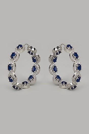 White Finish Zircon & Blue Stone Hoop Earrings