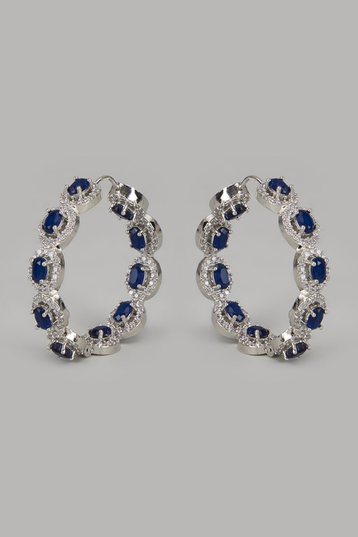 White Finish Zircon & Blue Stone Hoop Earrings