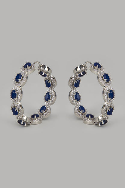 White Finish Zircon & Blue Stone Hoop Earrings