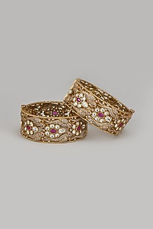 Gold Finish Kundan Polki & Zircon Bangle (Set Of 2)