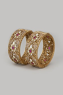 Gold Finish Kundan Polki & Zircon Bangle (Set Of 2)