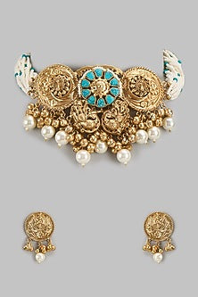 Gold Finish Turquoise Stone & Pearl Choker Necklace Set