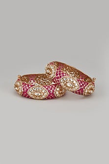 Gold Finish Kundan Polki Red Enameled Bangles (Set of 2)