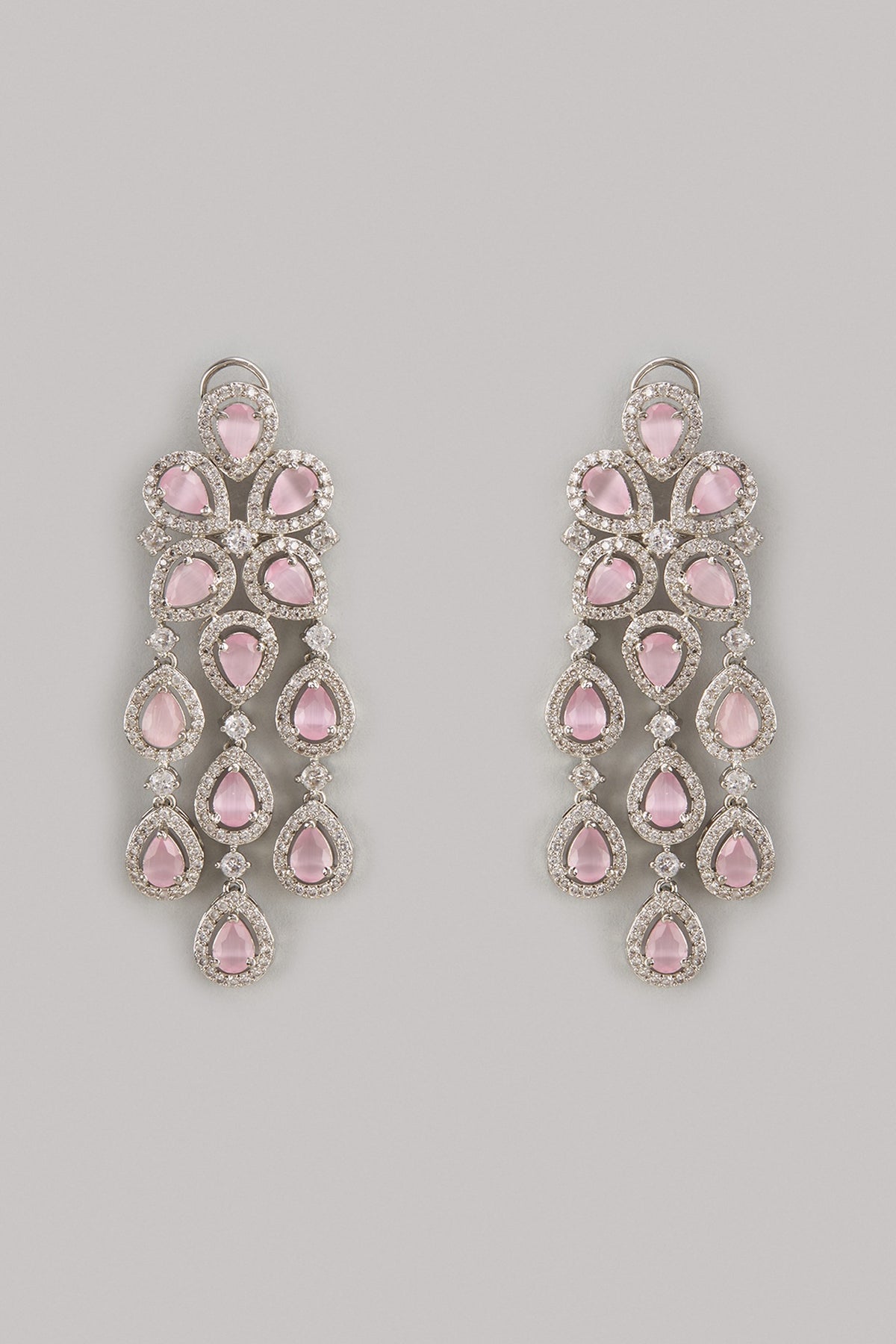 White Finish Pink Zircon Dangler Earrings