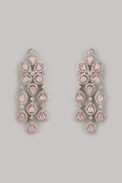 White Finish Pink Zircon Dangler Earrings