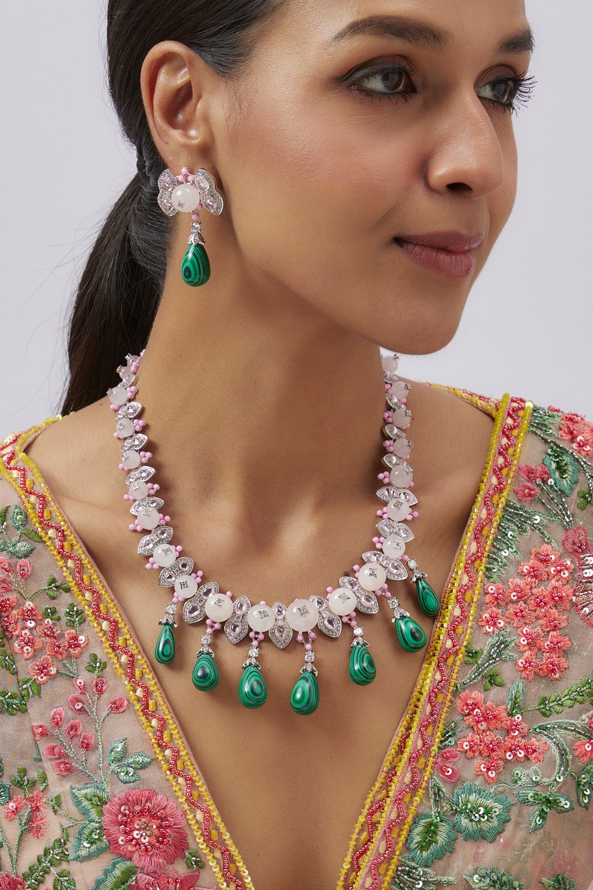 White Finish Malachite & Zircon Necklace Set