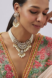 Gold Finish Kundan Polki & Pearl Choker Necklace Set