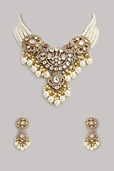 Gold Finish Kundan Polki & Pearl Choker Necklace Set