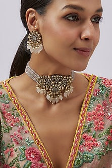 Black Rhodium Finish Kundan Polki & Pearl Choker Necklace Set