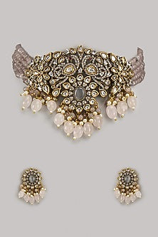 Black Rhodium Finish Kundan Polki & Pearl Choker Necklace Set