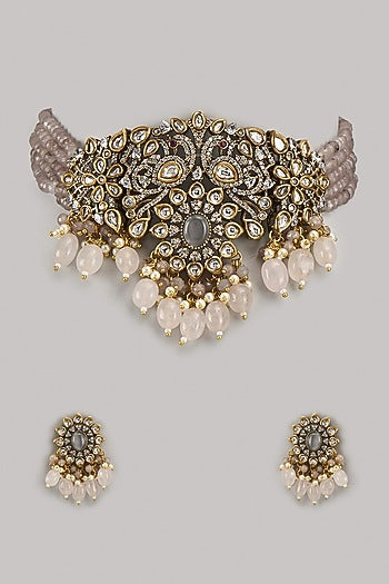 Black Rhodium Finish Kundan Polki & Pearl Choker Necklace Set