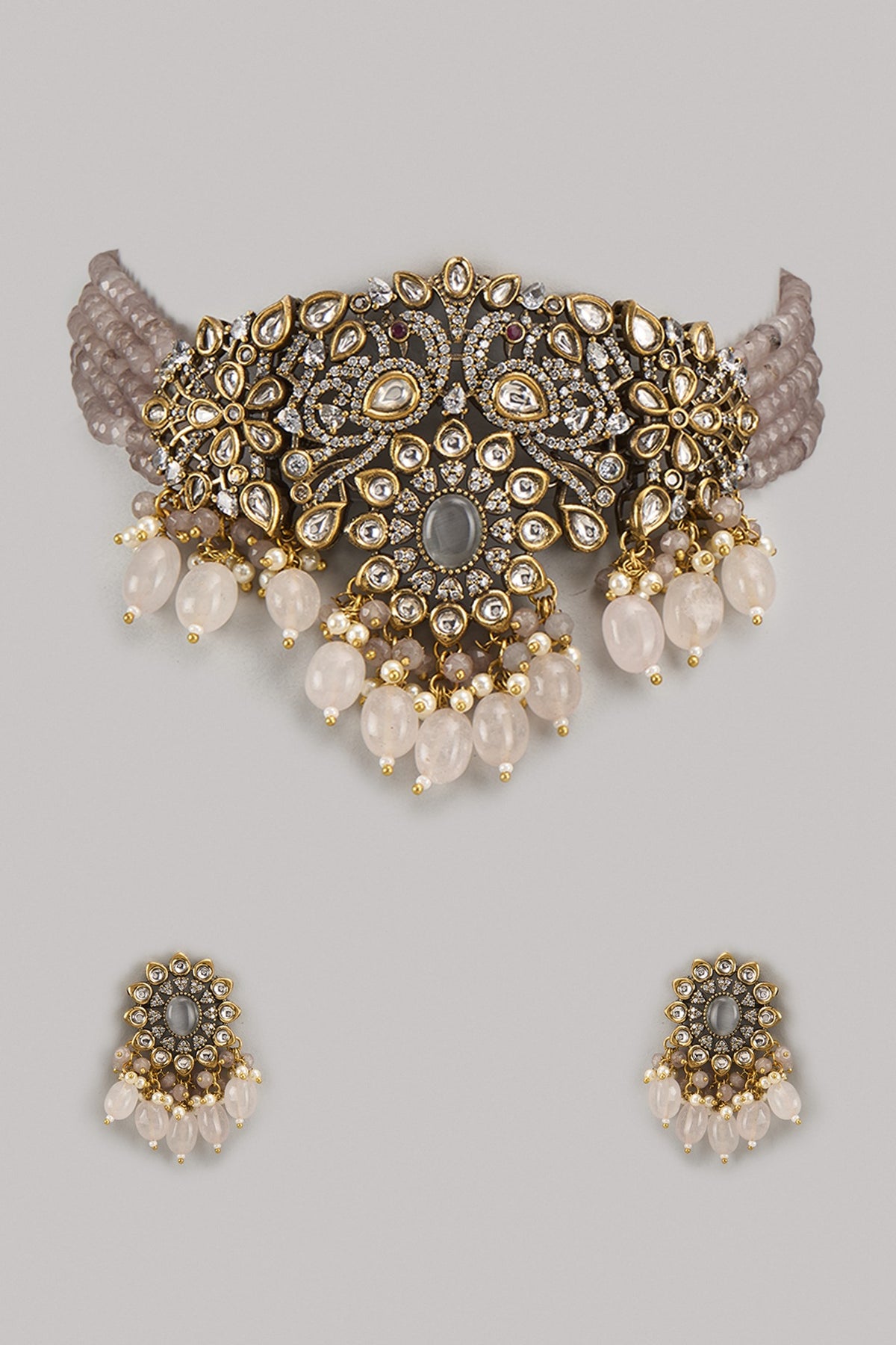 Black Rhodium Finish Kundan Polki & Pearl Choker Necklace Set