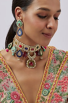 Gold Finish Kundan Polki & Navratna Stone Choker Necklace Set