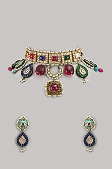 Gold Finish Kundan Polki & Navratna Stone Choker Necklace Set