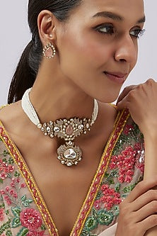 Gold Finish Kundan Polki & Pink Stone Choker Necklace Set