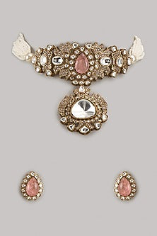 Gold Finish Kundan Polki & Pink Stone Choker Necklace Set