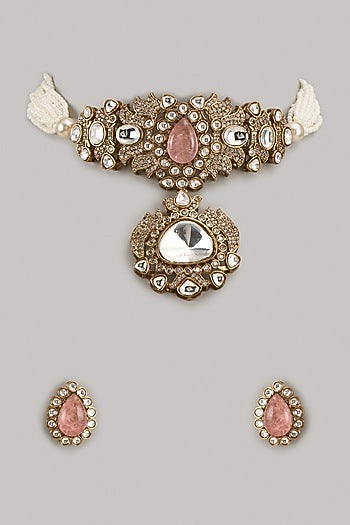 Gold Finish Kundan Polki & Pink Stone Choker Necklace Set