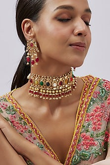 Gold Finish Kundan Polki & Navratna Stone Choker Necklace Set
