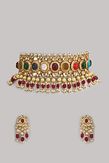 Gold Finish Kundan Polki & Navratna Stone Choker Necklace Set