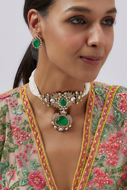 Gold Finish Kundan Polki & Green Stone Choker Necklace Set