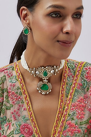 Gold Finish Kundan Polki & Green Stone Choker Necklace Set
