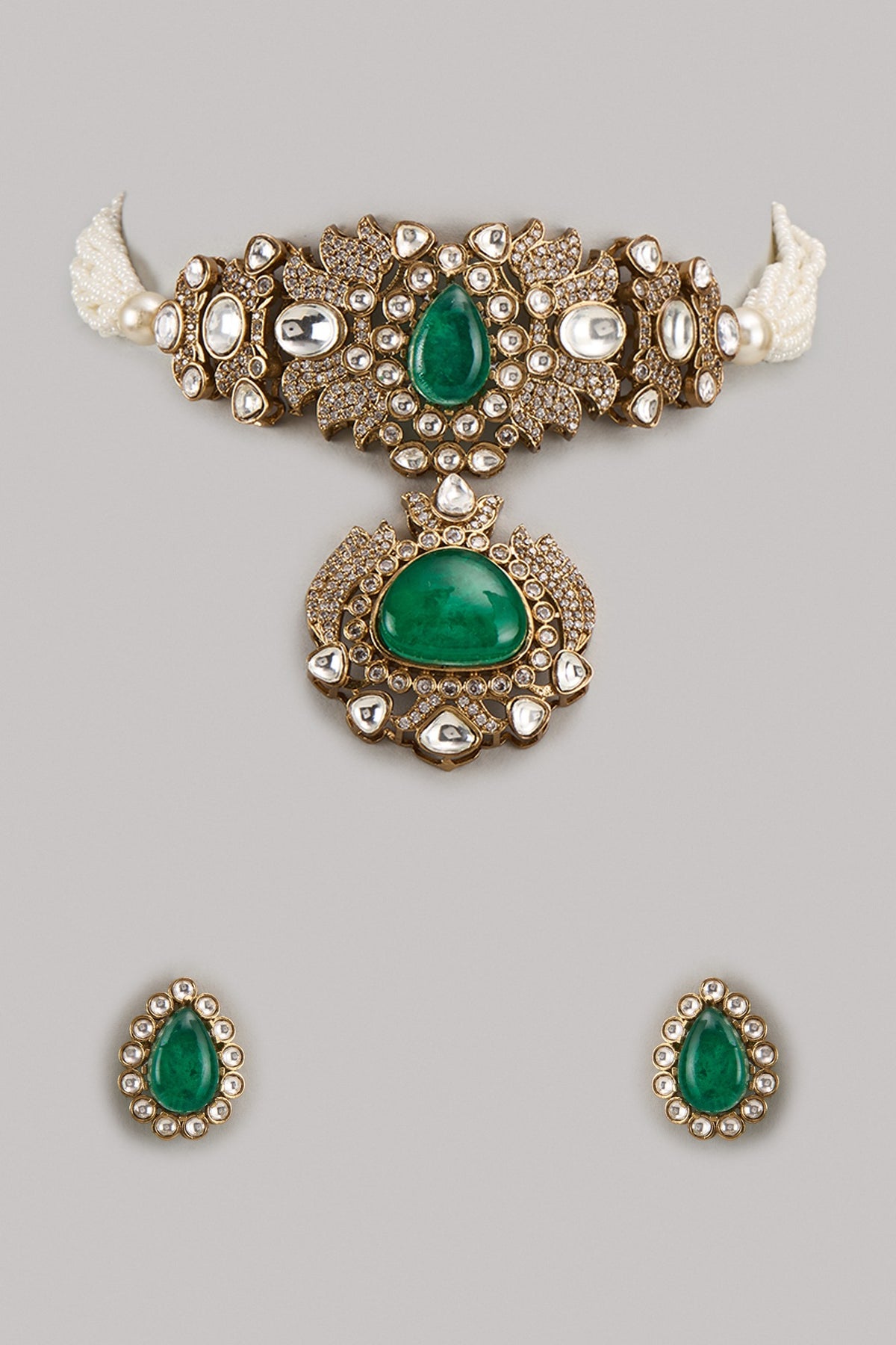 Gold Finish Kundan Polki & Green Stone Choker Necklace Set