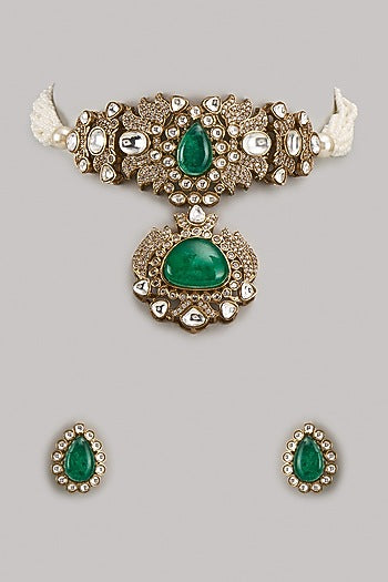 Gold Finish Kundan Polki & Green Stone Choker Necklace Set