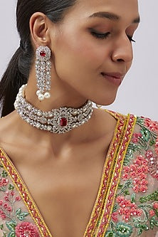 White Finish Zircon & Pearl Choker Necklace Set