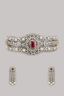 White Finish Zircon & Pearl Choker Necklace Set