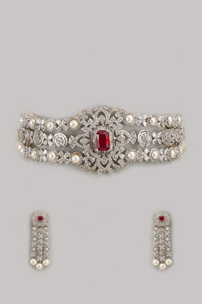 White Finish Zircon & Pearl Choker Necklace Set