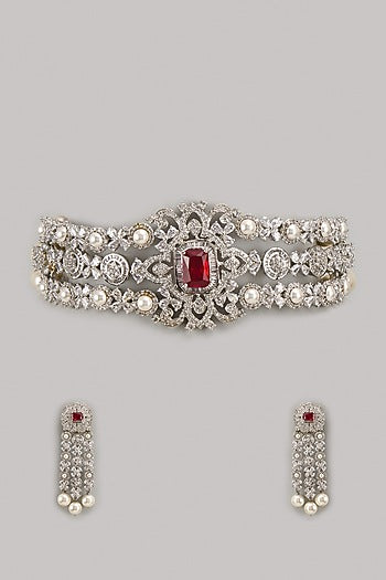 White Finish Zircon & Pearl Choker Necklace Set