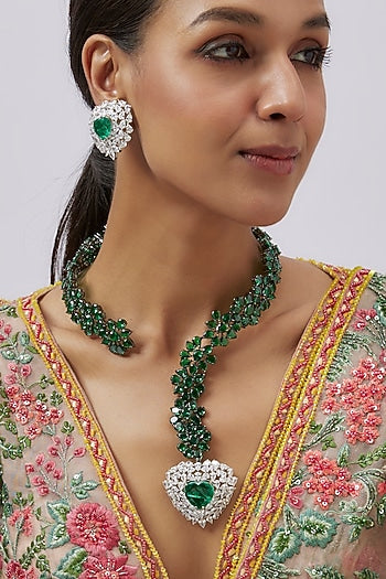 Black Rhodium Finish Emerald & Zircon Necklace Set