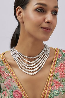 White Finish Zircon & Pearl Long Necklace
