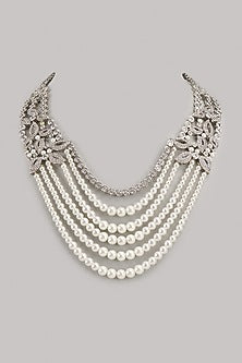 White Finish Zircon & Pearl Long Necklace
