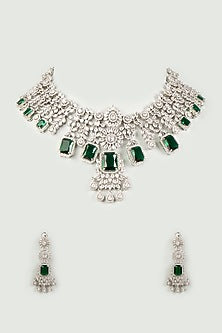 White Finish Necklace Set With Green Stones