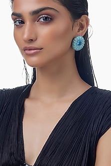 White Finish Zircon & Blue Stone Stud Earrings