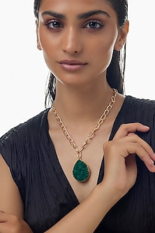 Gold Finish Green Stone Link Chain Necklace