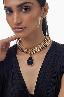 Gold Finish Black Stone Link Chain Necklace