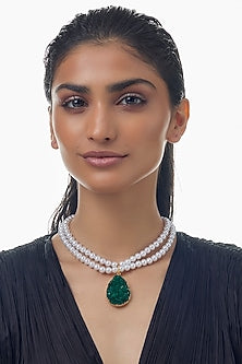 Gold Finish Green Stone & Pearl Long Necklace