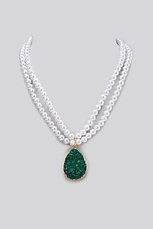 Gold Finish Green Stone & Pearl Long Necklace