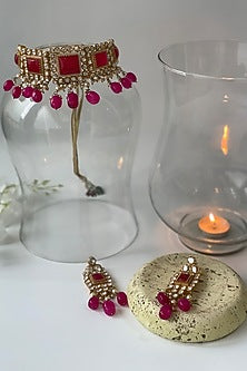 Gold Finish Kundan Polki & Pink Beaded Choker Necklace Set