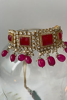 Gold Finish Kundan Polki & Pink Beaded Choker Necklace Set