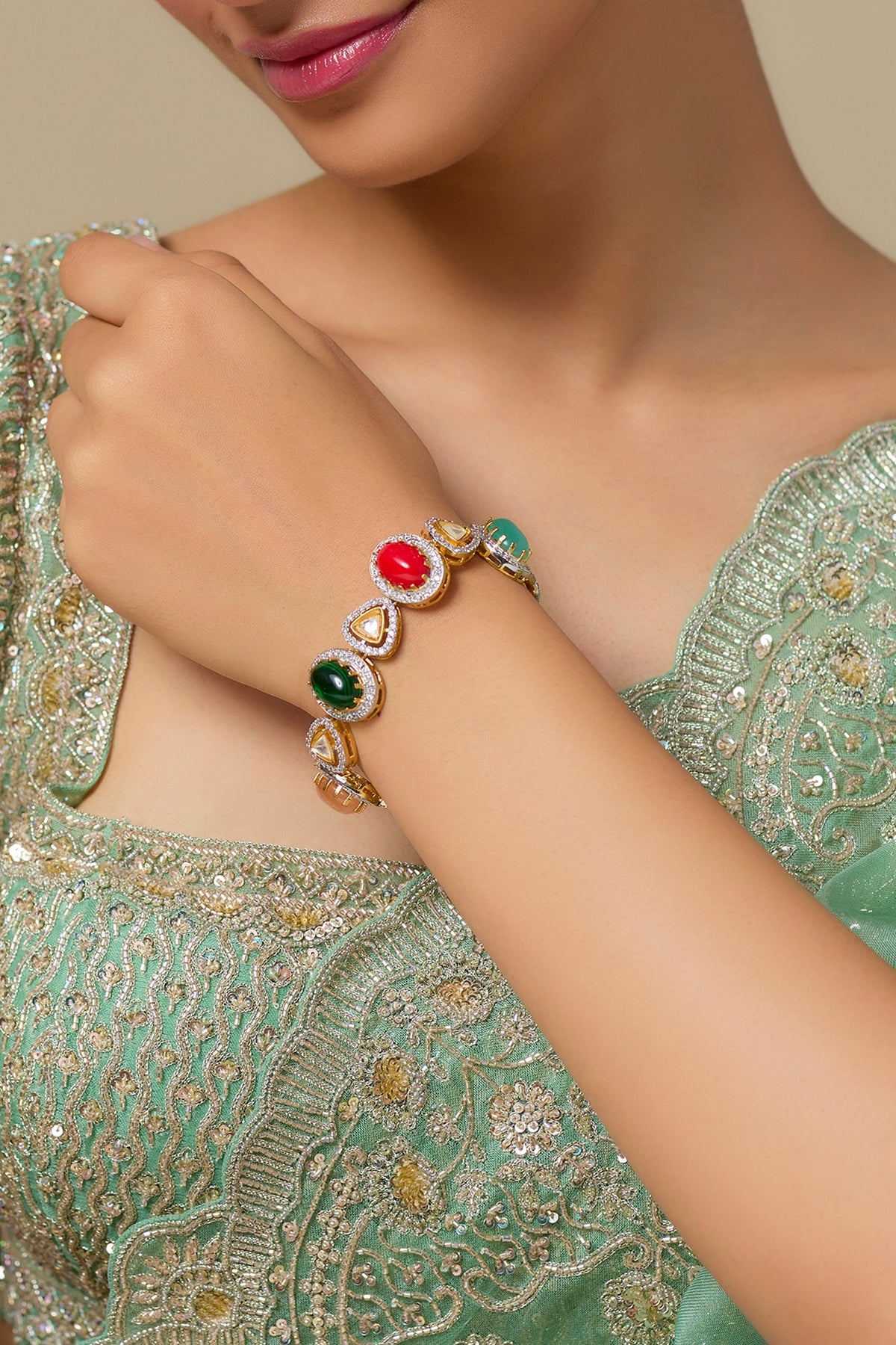 Gold Finish Multi-Colored Gemstone & Zircon Openable Bracelet