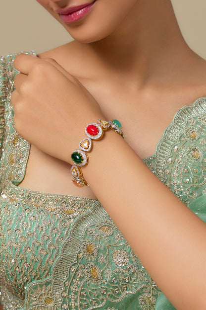 Gold Finish Multi-Colored Gemstone & Zircon Openable Bracelet