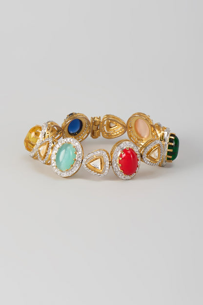 Gold Finish Multi-Colored Gemstone & Zircon Openable Bracelet