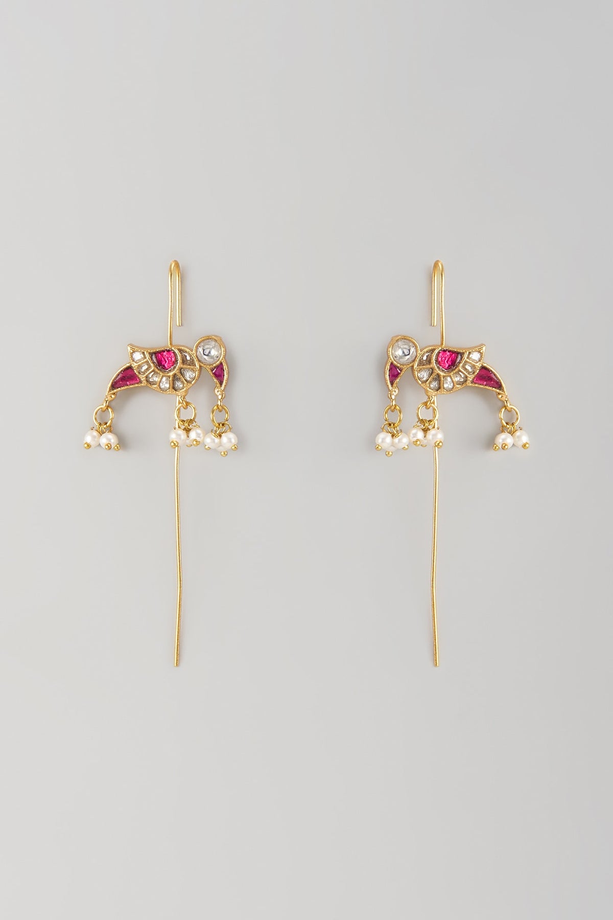 Gold Finish Red Kundan Polki & Bird Motif Stud Earrings