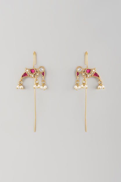 Gold Finish Red Kundan Polki & Bird Motif Stud Earrings