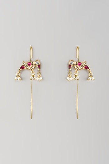 Gold Finish Red Kundan Polki & Bird Motif Stud Earrings