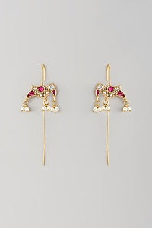 Gold Finish Red Kundan Polki & Bird Motif Stud Earrings